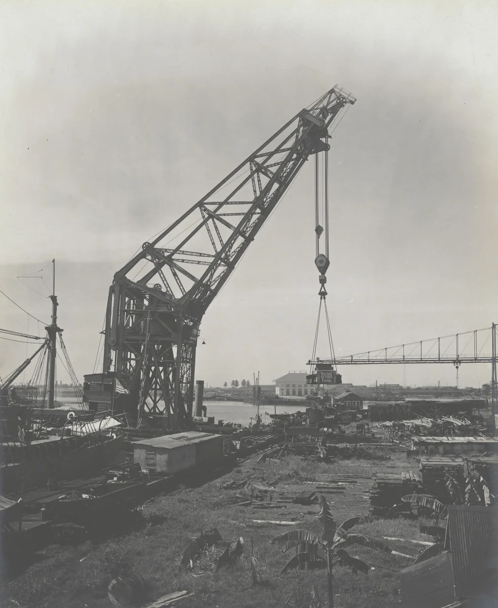 Floating crane "Ajax" -- test. Luffing out over side, 150 ton test load by Unidentified Photographer, photograph, 1915