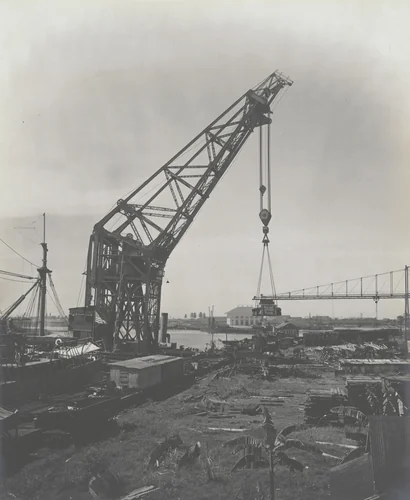 Floating crane "Ajax" -- test. Luffing out over side, 150 ton test load by Unidentified Photographer, photograph, 1915