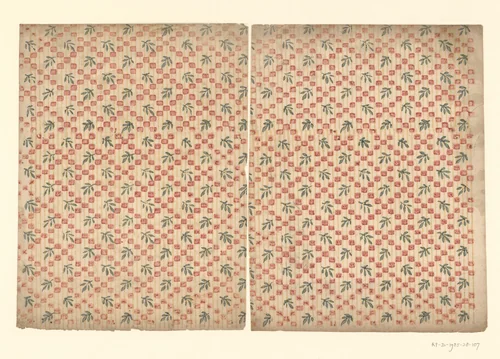Twee bladen met ruitenpatroon van blokken met bladertak als veldvulling, op doorlopend lijnenfond by anonymous, other, 1750-1900