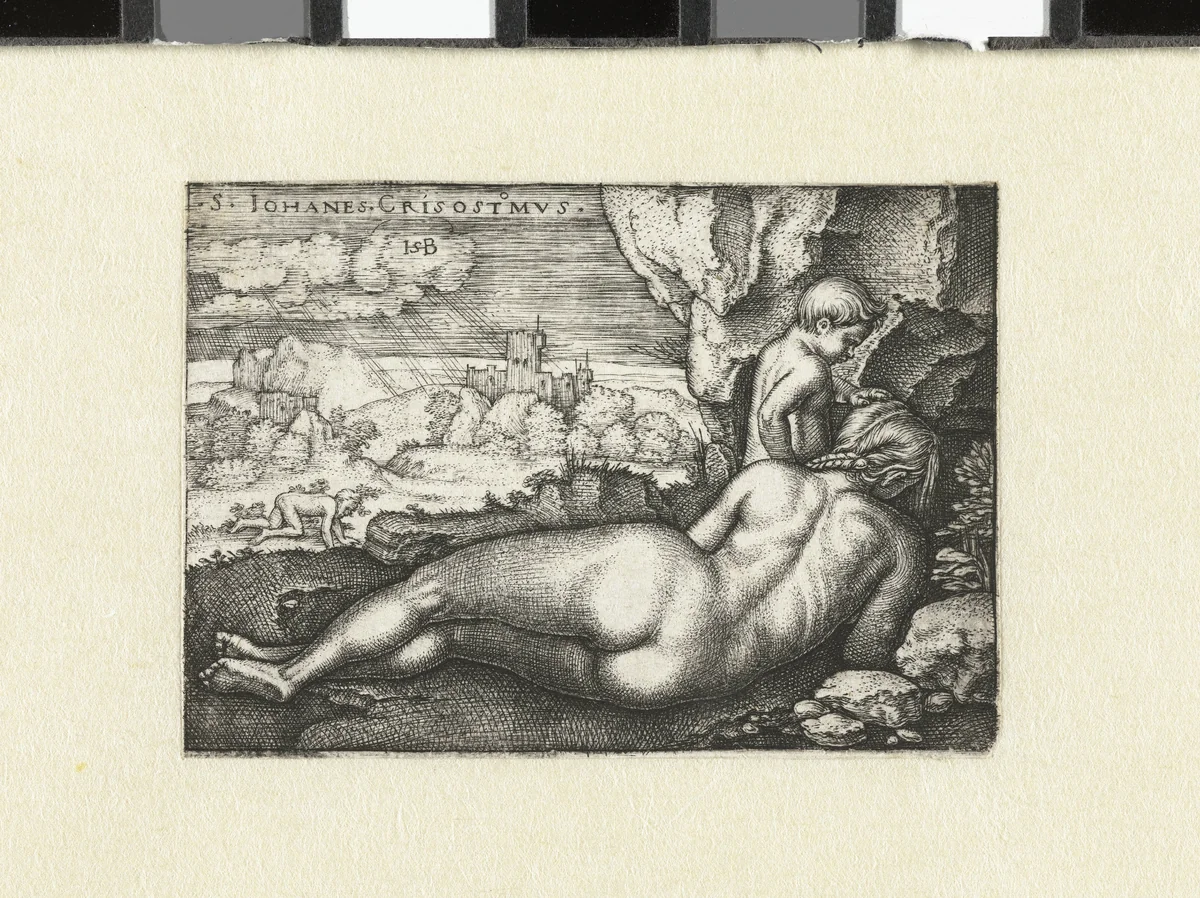 Heilige Johannes Chrysostomus als kluizenaar in de woestijn by Unknown, print, 1510-1550
