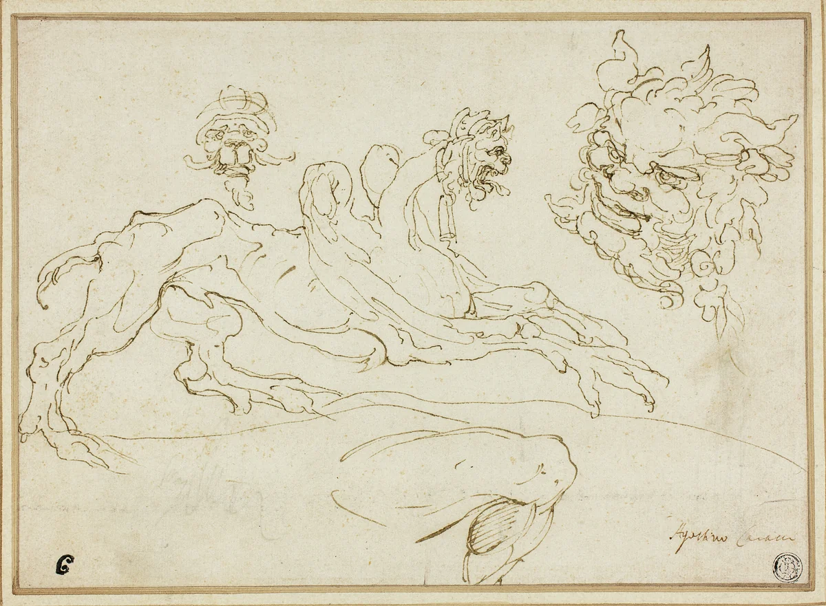 Four Sketches: Griffin, Grotesque Head, Head of Satyr, Bent Leg by Agostino Carracci, drawing, 1590-1594