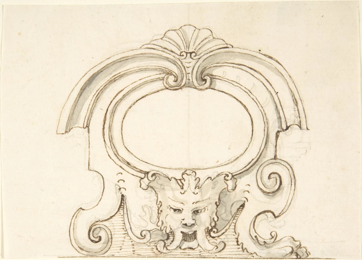 Cartouche with a Mask by anonymous, drawing, 1700-1800