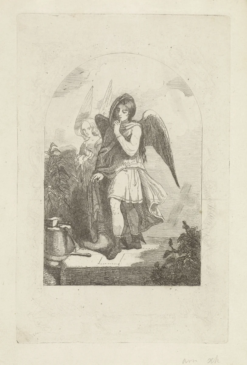Zinnebeeldige voorstelling van twee engelen by Arnoud Schaepkens, print, 1831-1904