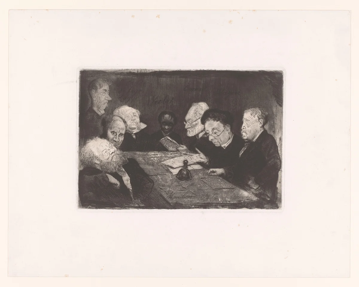Commissie voor reorganisatie van de Antwerpse Academie by Charles Verlat, print, 1879
