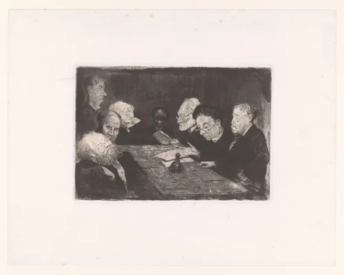 Commissie voor reorganisatie van de Antwerpse Academie by Charles Verlat, print, 1879