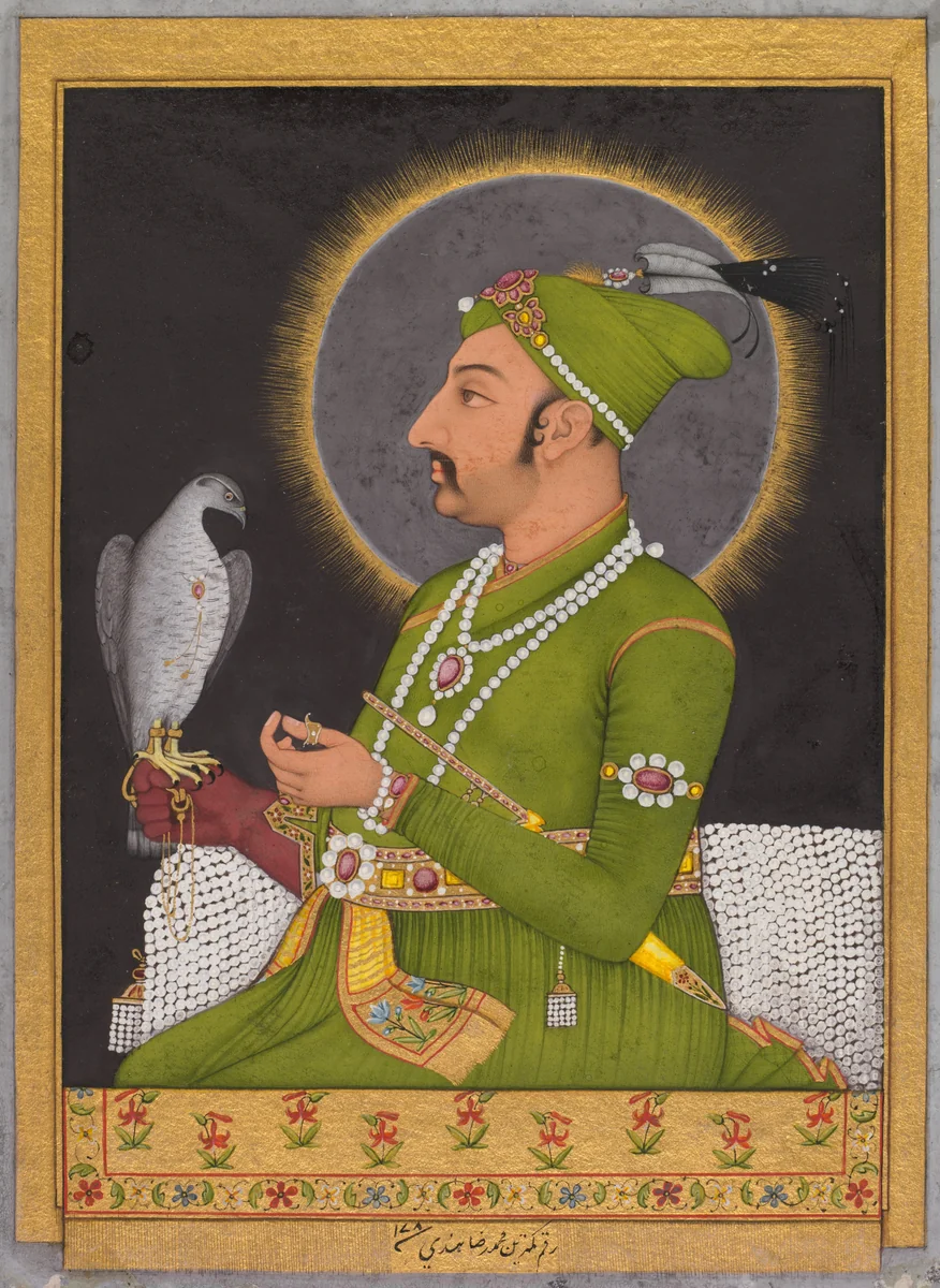 Posthumous portrait of the Mughal emperor Muhammad Shah (reigned 1719–1748) holding a falcon (recto) by Muhammad Rizavi, painting, 1764