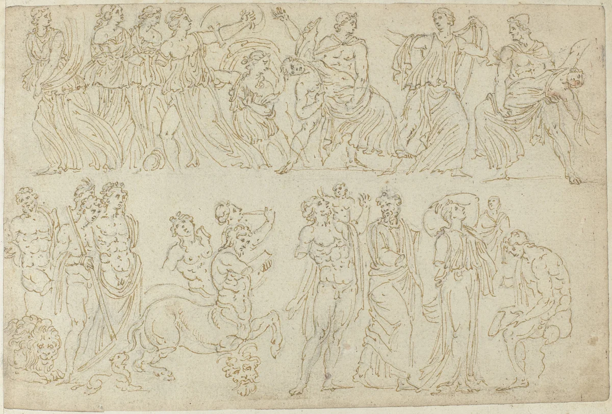 Voorstellingen op sarcofagen by anonymous, drawing, 1550-1570