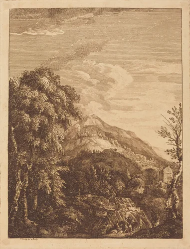 Mountainous Landscape with a Waterfall, Round Tower, Castle, and Banditti by Paul Sandby, print, 1750-1759