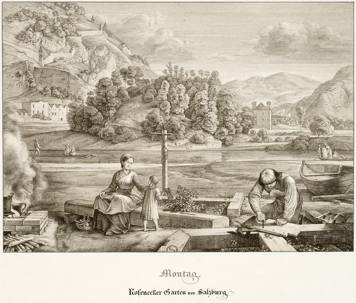 Monday: Rosenecker Garden before Salzburg by Ferdinand Olivier, print, 1823
