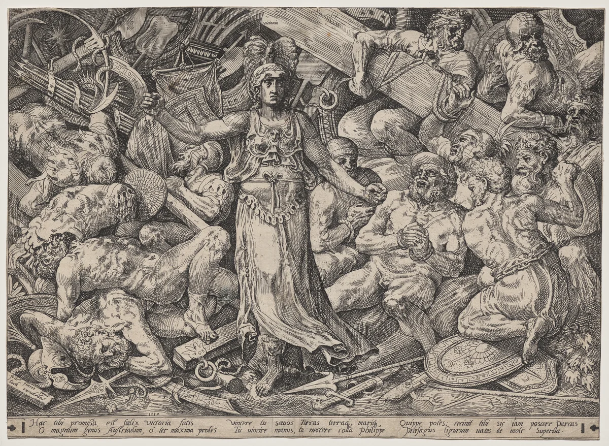Victory Surrounded by Prisoners and Trophies by Frans Floris, print, 1552