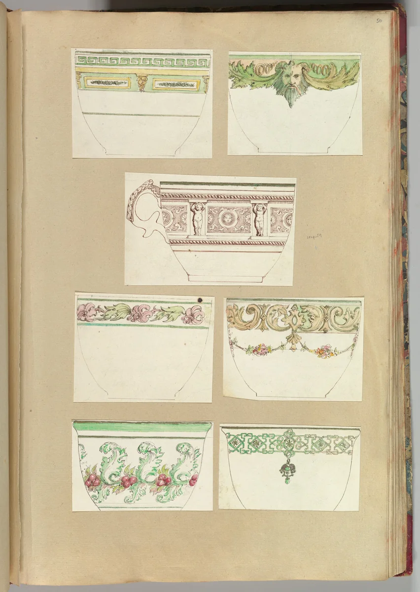 Seven Designs for Decorated Cups by Alfred Forrester, drawing, 1845-1855