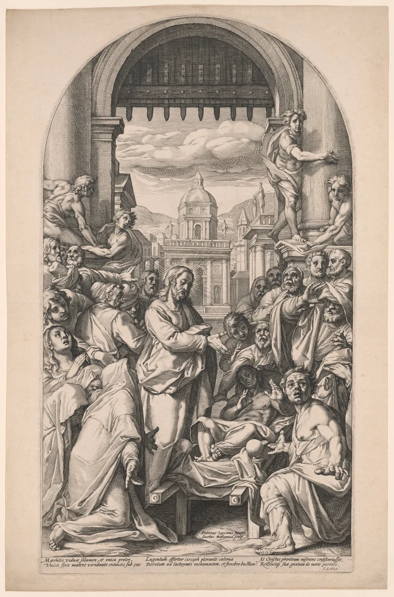 Christ Raising the Son of the Widow of Nain by Jacob Matham, print, 1593-1594