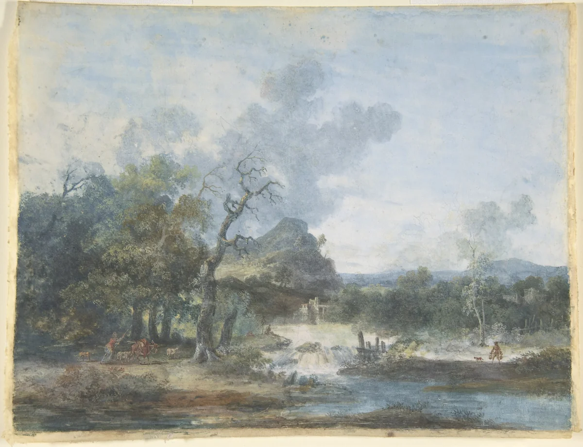 Shepherdess near a Waterfall by Louis Gabriel Moreau, drawing, 1765-1806