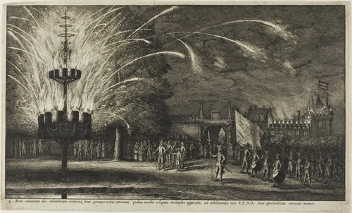 Fireworks at Hemissem by Wenceslaus Hollar, print, 1627-1677