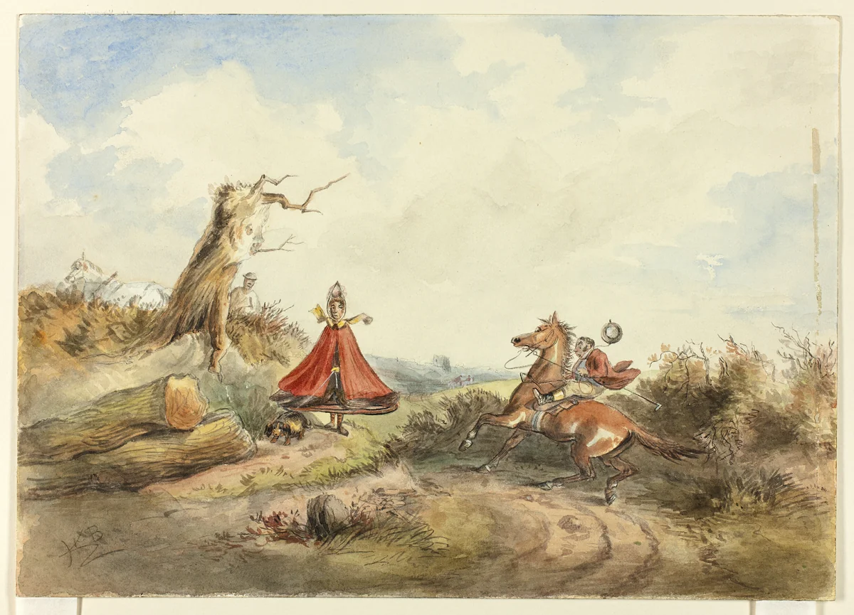 Horse with Rider Shying Away From Woman with Dog by Hablot Knight Browne, painting, 1855-1865