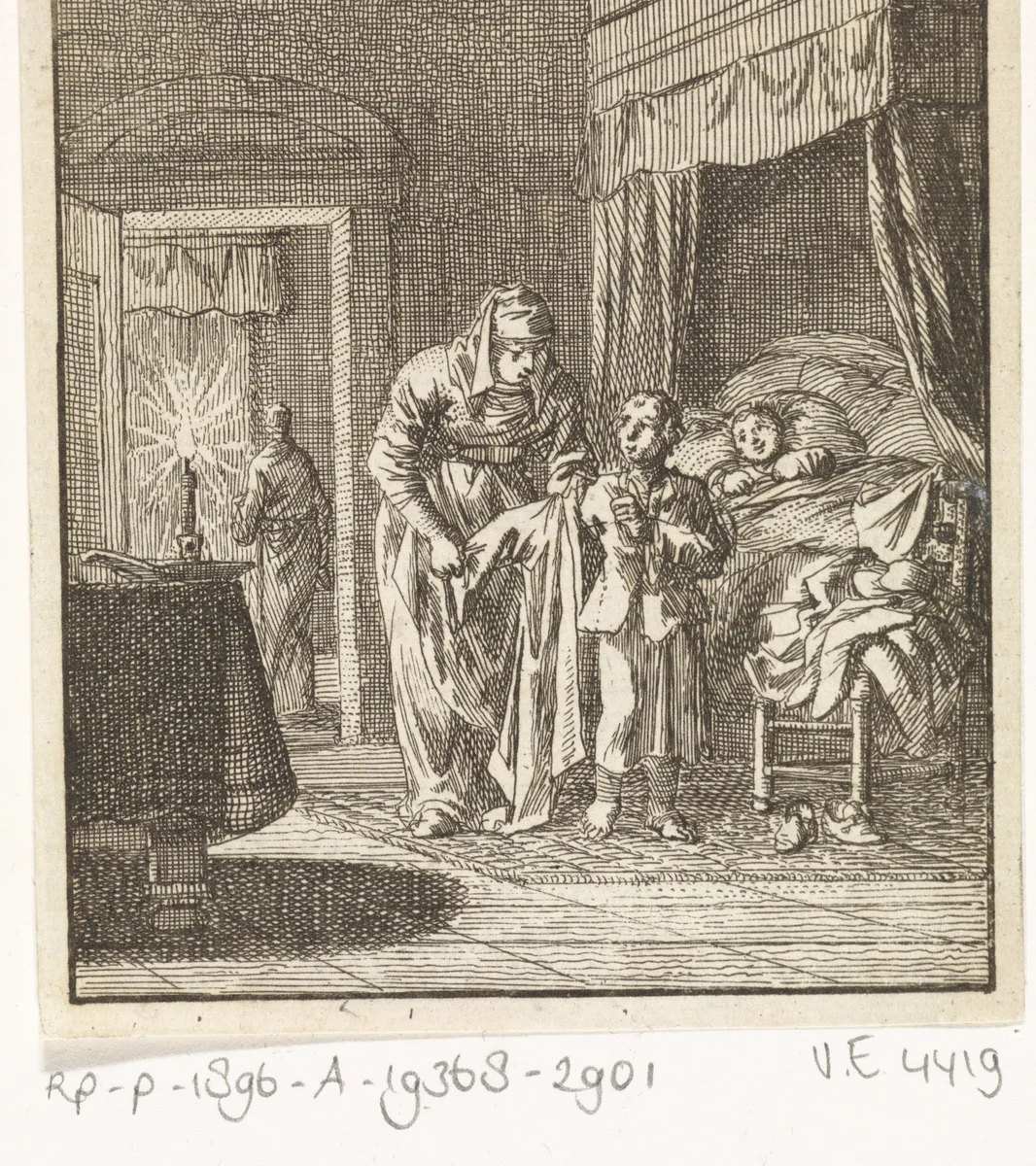 Moeder brengt kind naar bed by Jan Luyken, print, 1712