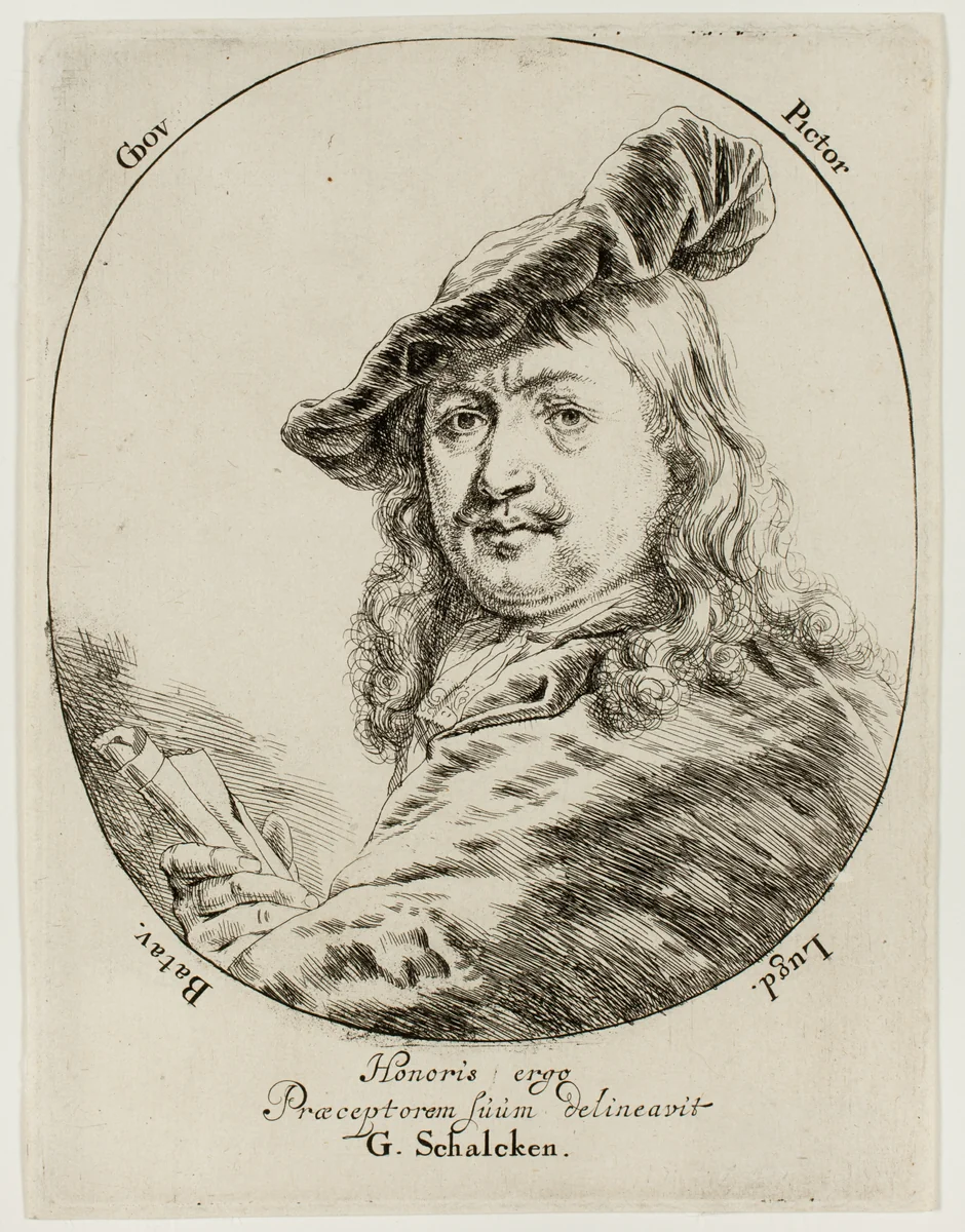 Portrait of Gerard Dou, the Painter by Godfried Schalcken, print, 1660-1680