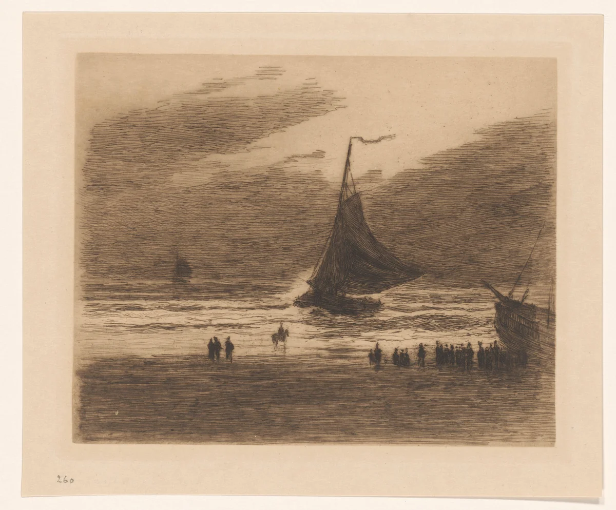 Binnenkomende vissersboot op het strand by Carel Nicolaas Storm van 's-Gravesande, print, 1887-1889