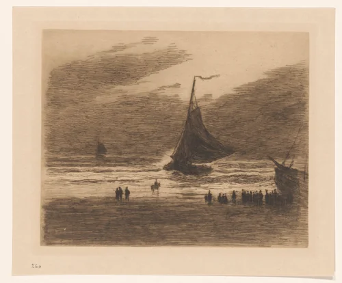 Binnenkomende vissersboot op het strand by Carel Nicolaas Storm van 's-Gravesande, print, 1887-1889