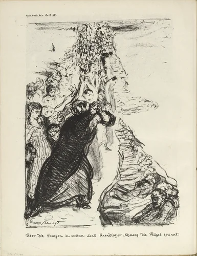 Signs of the Times VII (Symbole der Zeit VII: Über die Grenzen in weiten Land Unendlicher Schmerz die Flügel spannt.) (plate, folio 23) from the periodical Der Bildermann, vol. 1, no. 11 (Sep 1916) by Max Slevogt, periodical, 1916