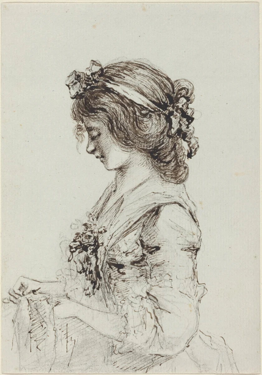 A Young Woman Sewing [recto] by Vivant Denon, drawing, 1790