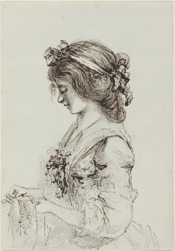 A Young Woman Sewing [recto] by Vivant Denon, drawing, 1790