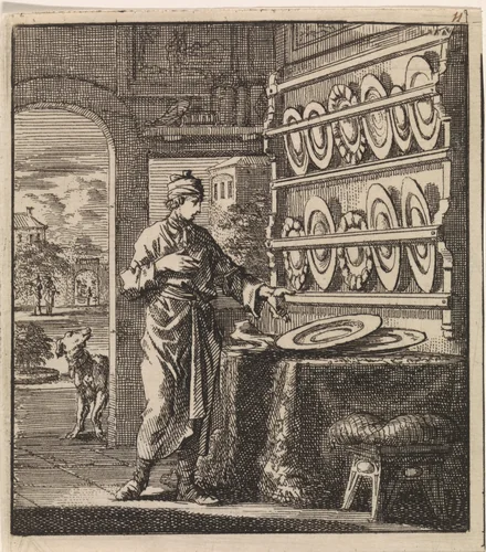 Man kijkt naar borden in een bordenrek by Jan Luyken, print, 1711