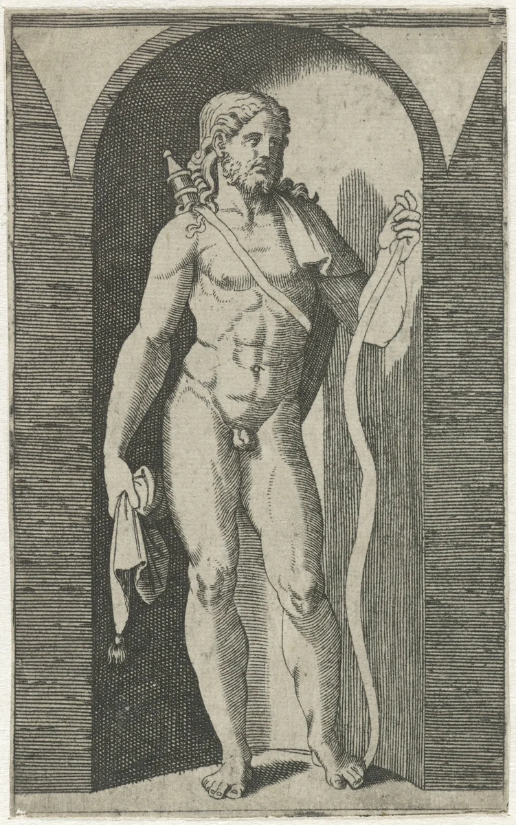 Apollo met pijlkoker en slang staand in nis by Marcantonio Raimondi, print, 1511-1520