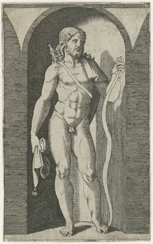 Apollo met pijlkoker en slang staand in nis by Marcantonio Raimondi, print, 1511-1520