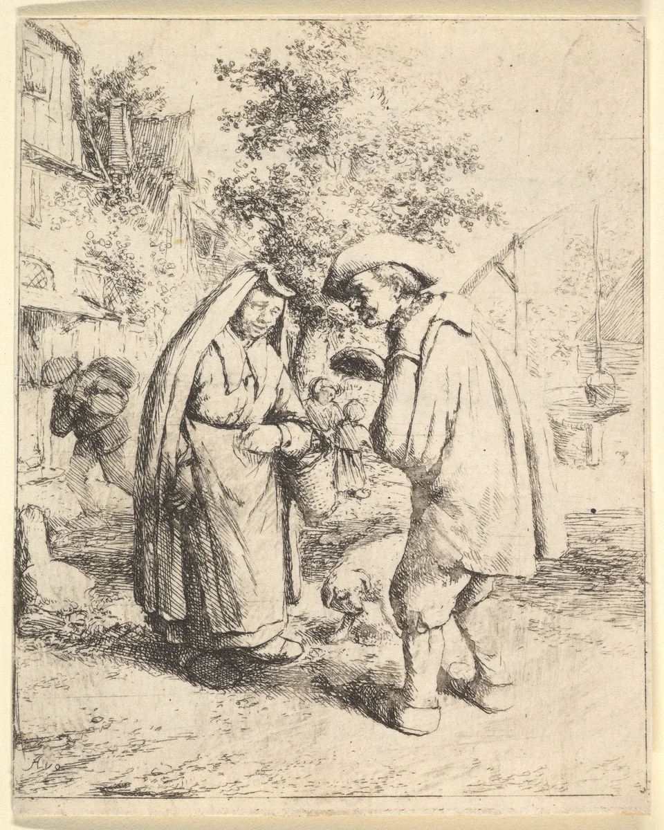 Man Talking to a Woman by Adriaen van Ostade, print, 1610-1685