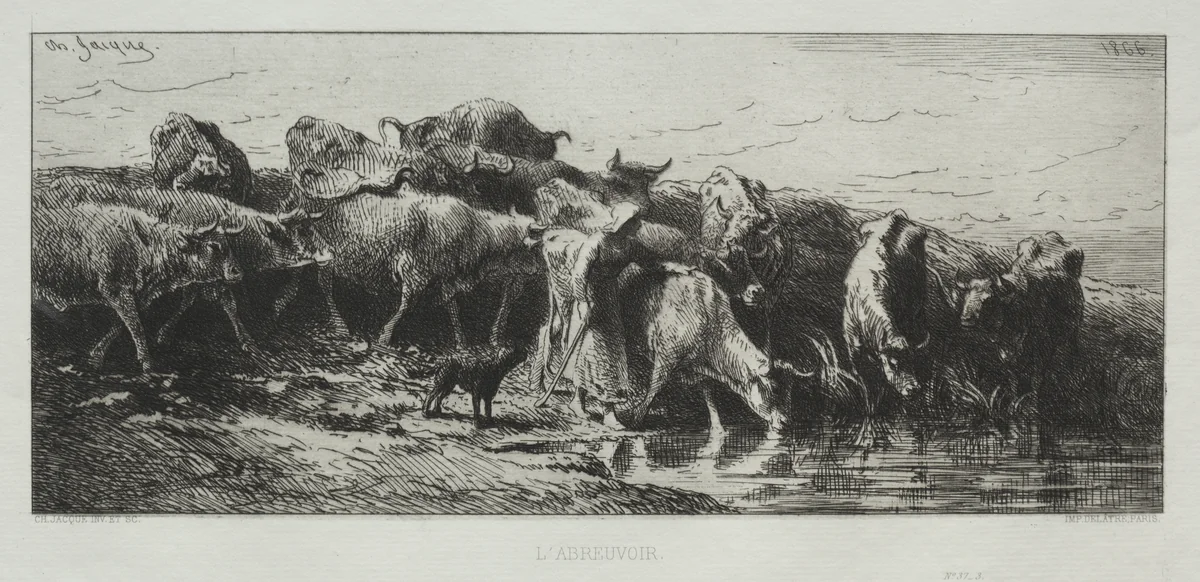 L'Abreuvoir by Charles-Émile Jacque, print, 1866