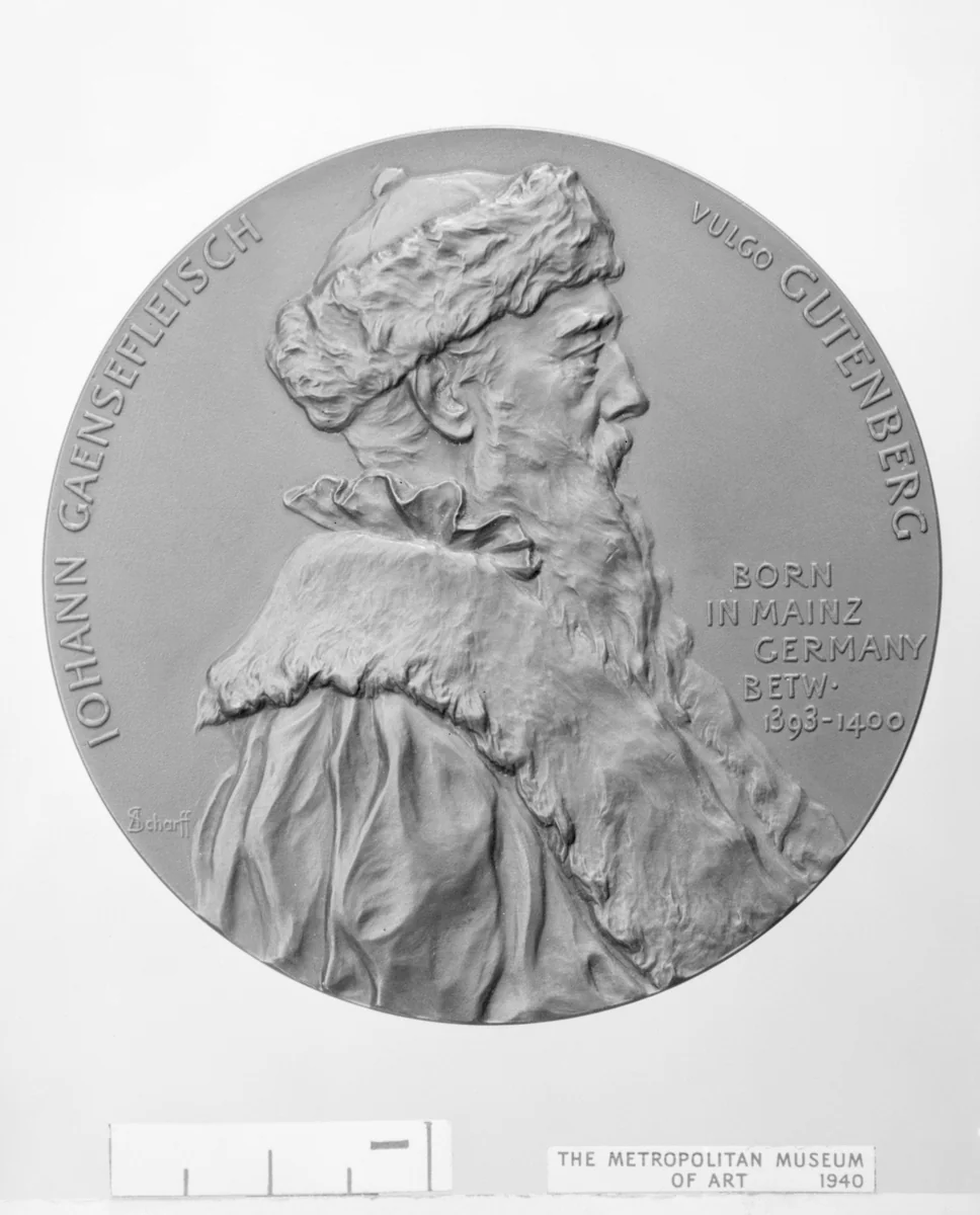 Johannes Gutenberg (ca. 1393/1400–1486): Commemorative of the Erection in New York by Robert Hoe of a Statue of Gutenberg in 1889 by Anton Scharff, metalwork, 1889