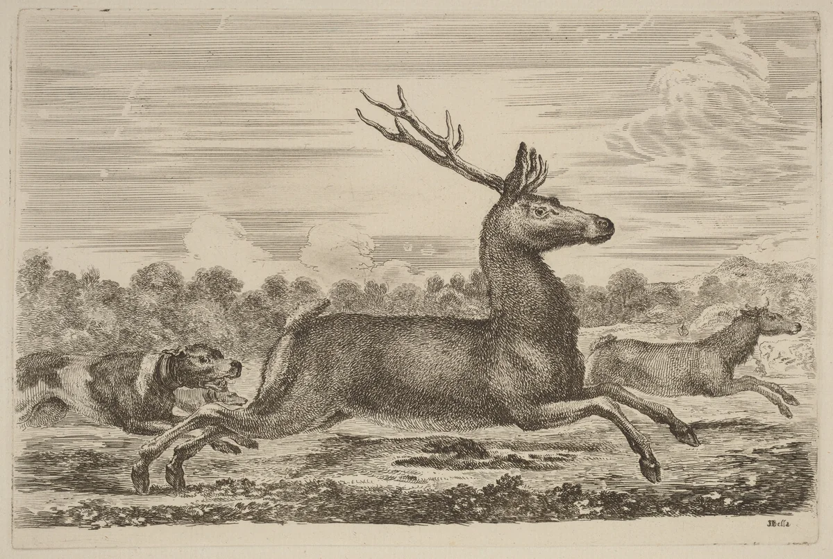 Deer Chased by Two Dogs to the Left by Stefano della Bella, print, 1610-1664