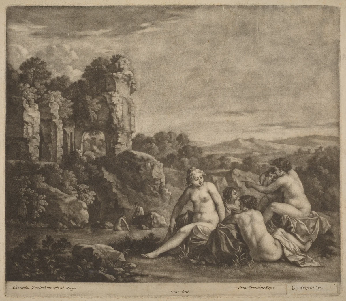 Bathers in a Landscape by Bernard Lens; Cornelis van Poelenburch, print, 1659-1725