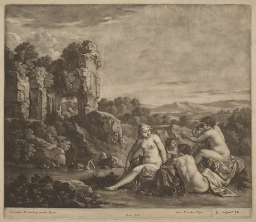 Bathers in a Landscape by Bernard Lens; Cornelis van Poelenburch, print, 1659-1725