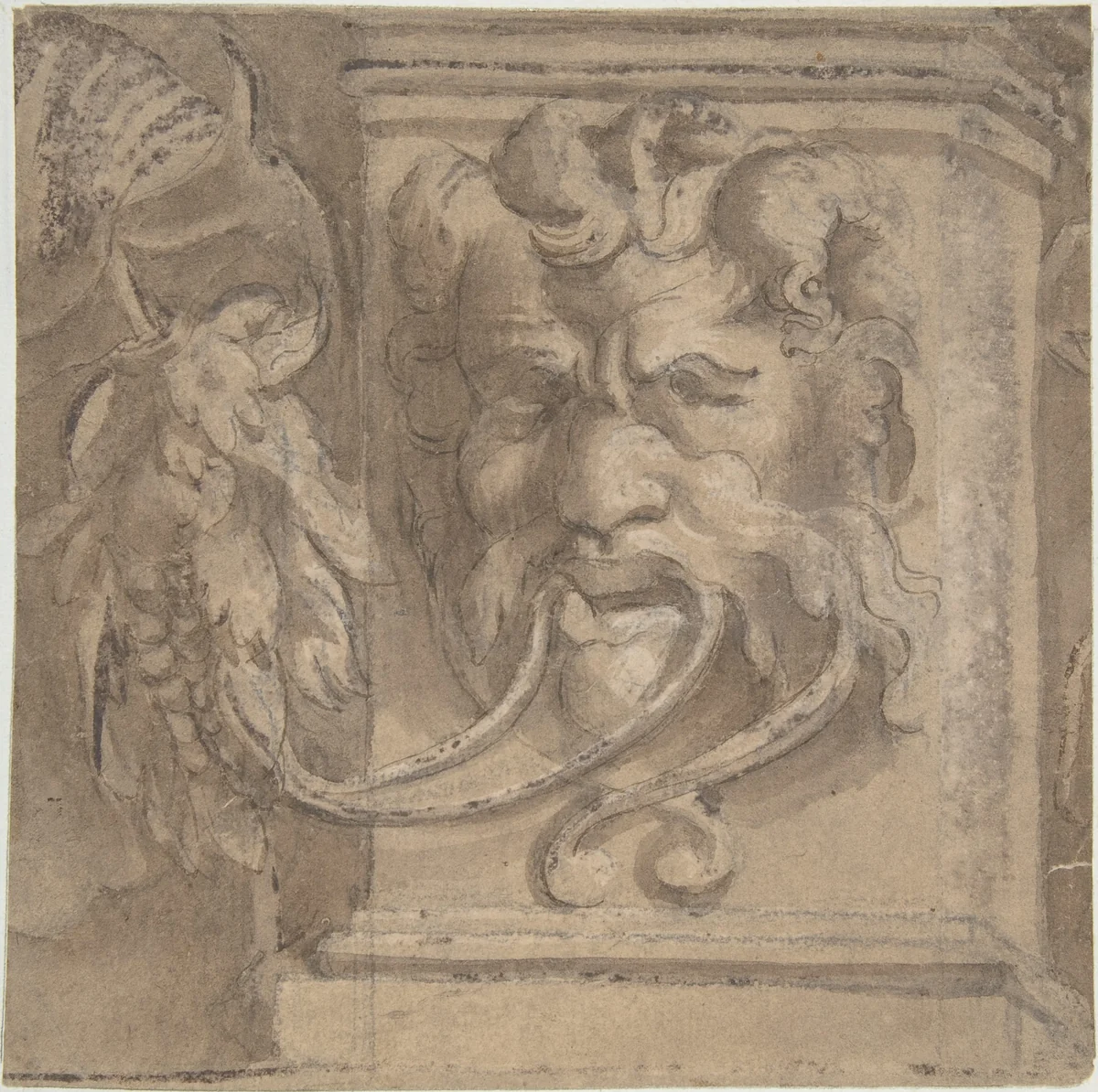 Ornamental Design with Antique-style Mask by anonymous, drawing, 1550-1600