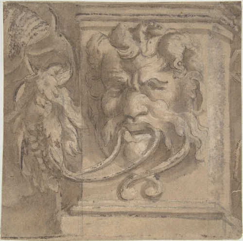 Ornamental Design with Antique-style Mask by anonymous, drawing, 1550-1600