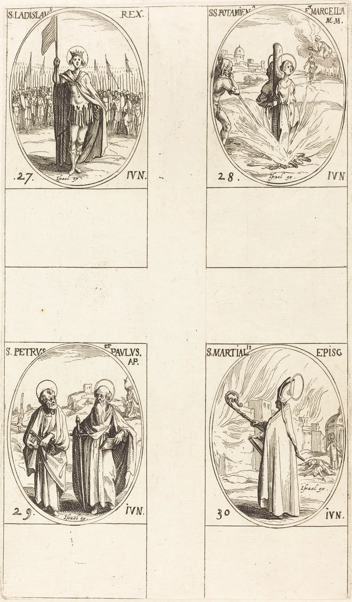 St. Ladislas; Sts. Potamiana and Marcella; Sts. Peter and Paul, Apostles; St. Martial by Jacques Callot, print, 1627-1637