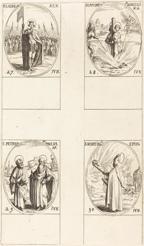 St. Ladislas; Sts. Potamiana and Marcella; Sts. Peter and Paul, Apostles; St. Martial by Jacques Callot, print, 1627-1637