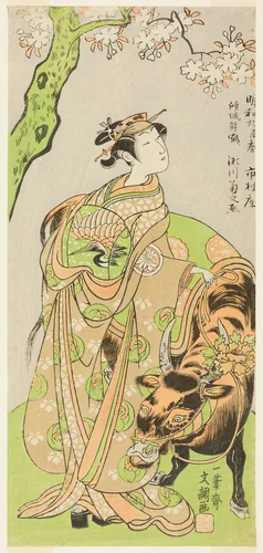 The Actor Segawa Kikunojo II as the Courtesan Maizuru in the Play Furisode Kisaragi Soga (Soga of the Long, Hanging Sleeves in the Second Month), Performed at the Ichimura Theater from the Twentieth Day of the Second Month, 1772 by Ippitsusai Buncho, print, 1767-1777