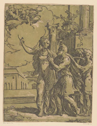 Keizer Augustus en de Tiburtijnse Sibille by Antonio da Trento, print, 1528-1530