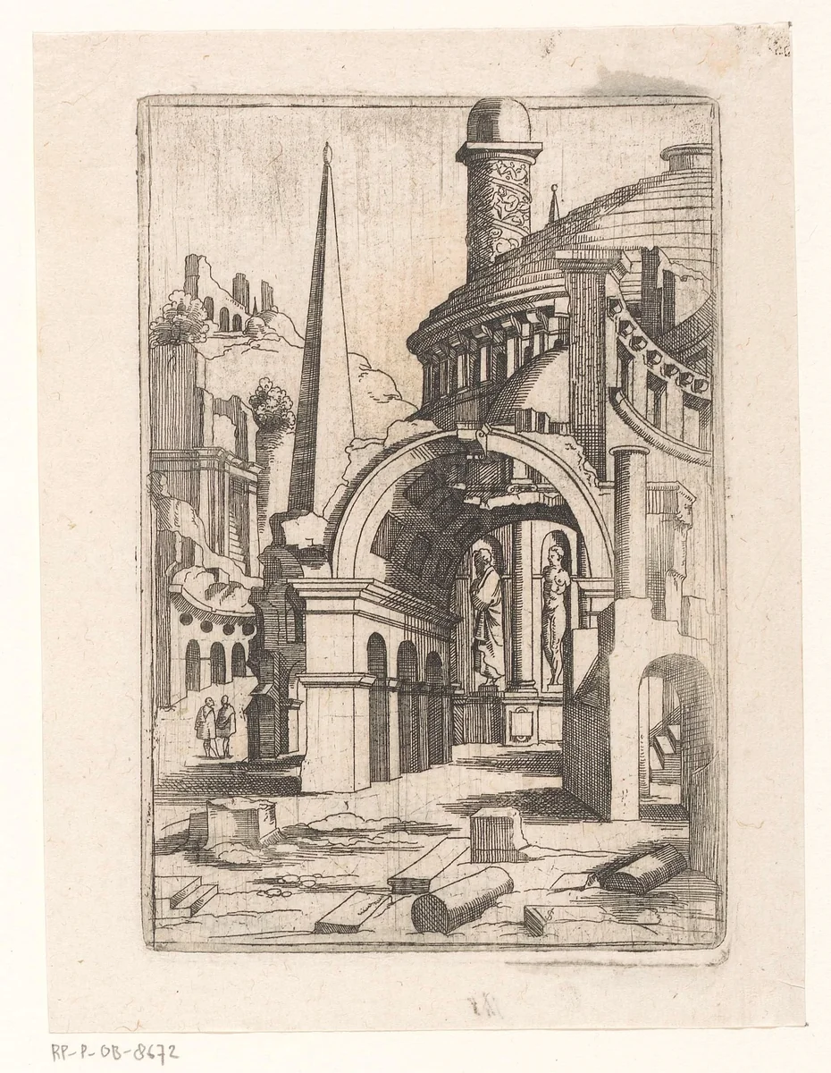 Ruïnes met een obelisk, koepel en triomfzuil by Unknown, print, 1550-1562