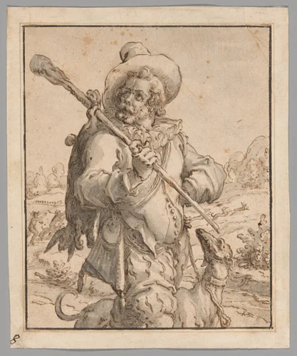 A Huntsman with a Dead Hare and a Dog (Study for "Terra") by Jacques de Gheyn II, drawing, 1590-1595