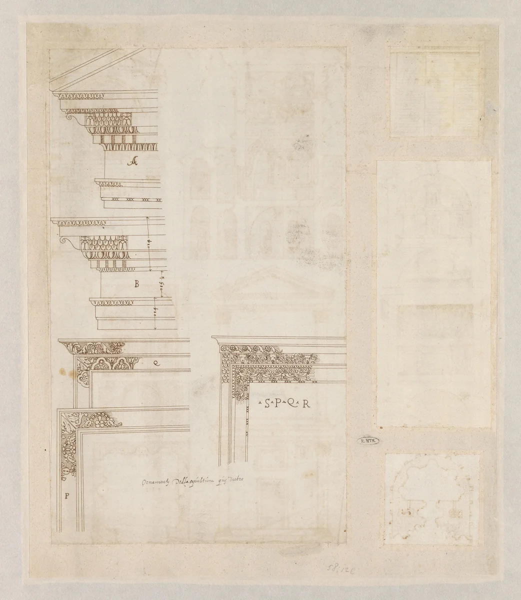 Vier bladen met architectuurtekeningen naar lijstwerk by anonymous, drawing, 1550-1599