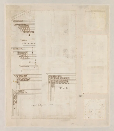 Vier bladen met architectuurtekeningen naar lijstwerk by anonymous, drawing, 1550-1599