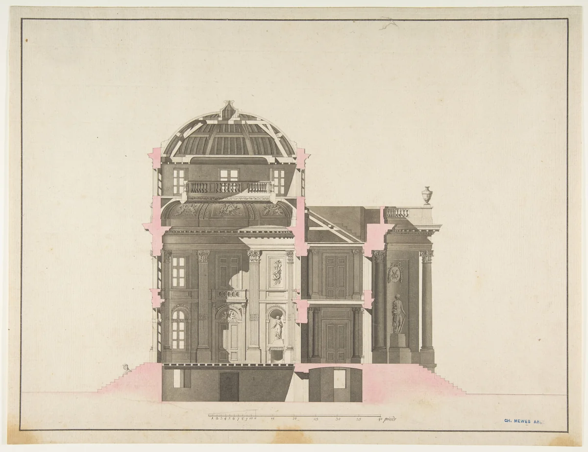 Project for a Domed Building with Colonnaded Façade by anonymous, drawing, 1700-1800