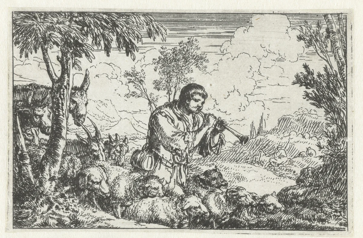 Schalmeispelende herder met kudde by Jonas Umbach, print, 1634-1693