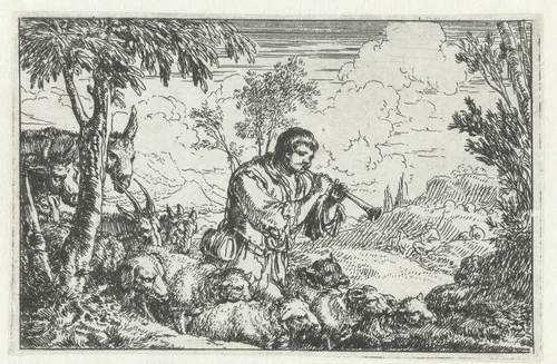 Schalmeispelende herder met kudde by Jonas Umbach, print, 1634-1693