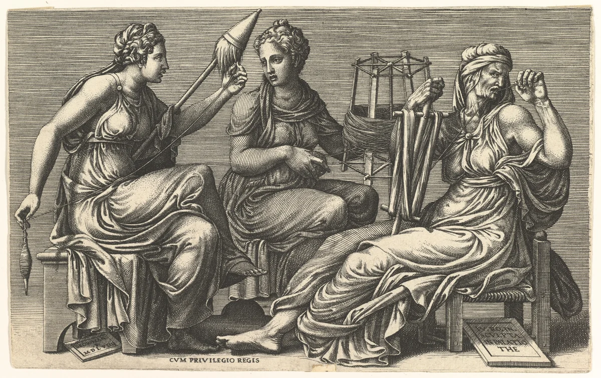 The Three Fates Clotho, Lachesis, and Atropos by Giorgio Ghisi, print, 1558-1559