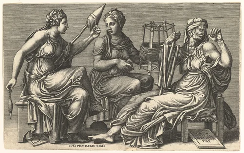 The Three Fates Clotho, Lachesis, and Atropos by Giorgio Ghisi, print, 1558-1559